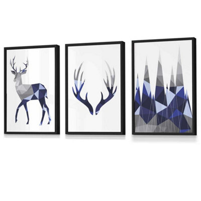 Artze Wall Art Set Of 3 Geometric Navy Blue Grey Stags Set Wall Art Prints / 30X42Cm (A3) / Black Frame from B&Q