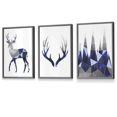 Artze Wall Art Set Of 3 Geometric Navy Blue Grey Stags Set Wall Art Prints / 30X42Cm (A3) / Dark Grey Frame from B&Q