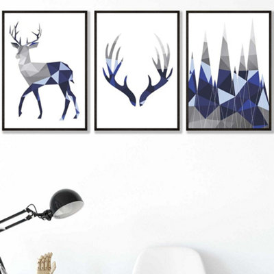 Artze Wall Art Set Of 3 Geometric Navy Blue Grey Stags Set Wall Art Prints / 42X59Cm (A2) / Black Frame from B&Q