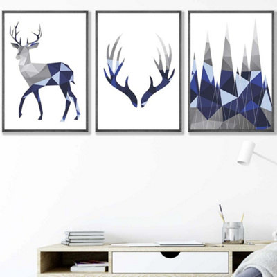 Artze Wall Art Set Of 3 Geometric Navy Blue Grey Stags Set Wall Art Prints / 42X59Cm (A2) / Dark Grey Frame from B&Q