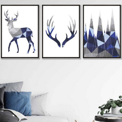 Artze Wall Art Set Of 3 Geometric Navy Blue Grey Stags Set Wall Art Prints / 50X70Cm / Black Frame from B&Q