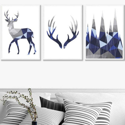 Artze Wall Art Set Of 3 Geometric Navy Blue Grey Stags Set Wall Art Prints / 50X70Cm / White Frame from B&Q