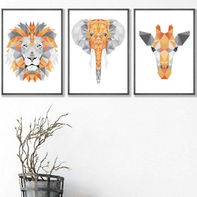 Artze Wall Art Set Of 3 Geometric Orange Grey Jungle Animal Heads Wall Art Prints / 42X59Cm (A2) / Dark Grey Frame from B&Q