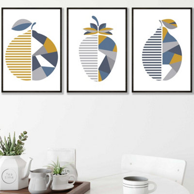 Artze Wall Art Set Of 3 Geometric Fruit Strawberry Blue Yellow Wall Art Prints / 30X42Cm (A3) / Black Frame from B&Q