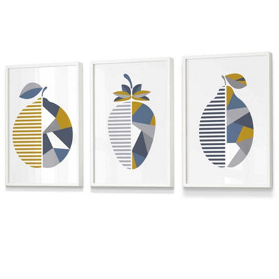 Artze Wall Art Set Of 3 Geometric Fruit Strawberry Blue Yellow Wall Art Prints / 30X42Cm (A3) / White Frame from B&Q