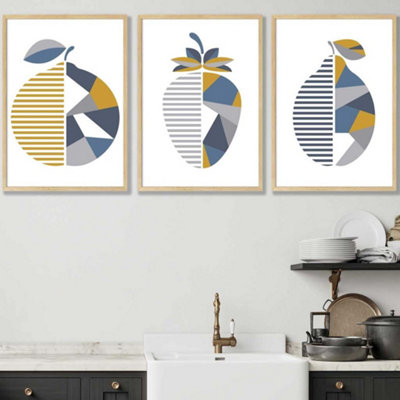 Artze Wall Art Set Of 3 Geometric Fruit Strawberry Blue Yellow Wall Art Prints / 42X59Cm (A2) / Oak Frame from B&Q