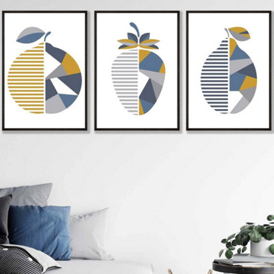 Artze Wall Art Set Of 3 Geometric Fruit Strawberry Blue Yellow Wall Art Prints / 50X70Cm / Black Frame from B&Q