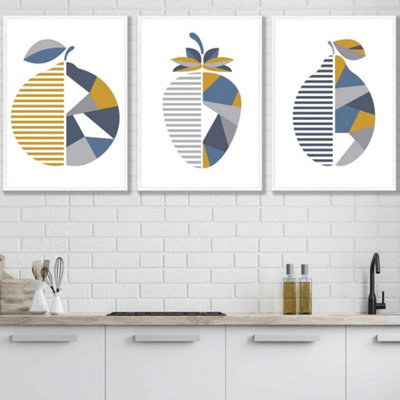 Artze Wall Art Set Of 3 Geometric Fruit Strawberry Blue Yellow Wall Art Prints / 50X70Cm / White Frame from B&Q