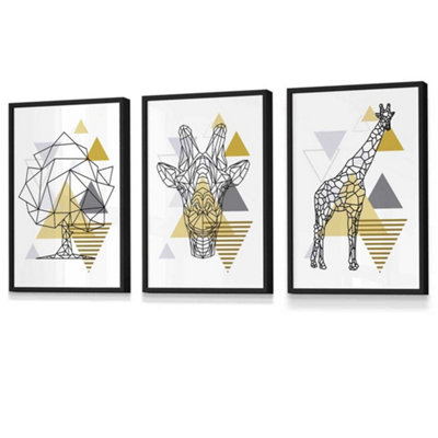 Artze Wall Art Set Of 3 Geometric Line Art Yellow Giraffe Tree Set Wall Art Prints / 30X42Cm (A3) / Black Frame from B&Q