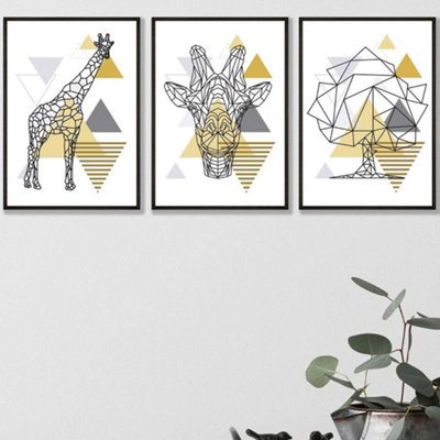 Artze Wall Art Set Of 3 Geometric Line Art Yellow Giraffe Tree Set Wall Art Prints / 42X59Cm (A2) / Black Frame from B&Q