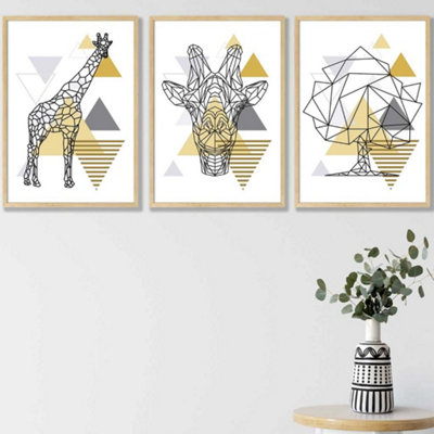 Artze Wall Art Set Of 3 Geometric Line Art Yellow Giraffe Tree Set Wall Art Prints / 42X59Cm (A2) / Oak Frame from B&Q