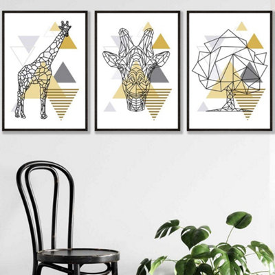 Artze Wall Art Set Of 3 Geometric Line Art Yellow Giraffe Tree Set Wall Art Prints / 50X70Cm / Black Frame from B&Q