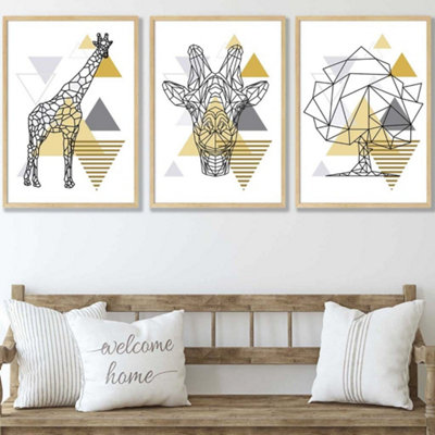 Artze Wall Art Set Of 3 Geometric Line Art Yellow Giraffe Tree Set Wall Art Prints / 50X70Cm / Oak Frame from B&Q