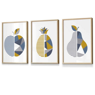Artze Wall Art Set Of 3 Geometric Fruit Apple Blue Yellow Wall Art Prints / 30X42Cm (A3) / Oak Frame from B&Q