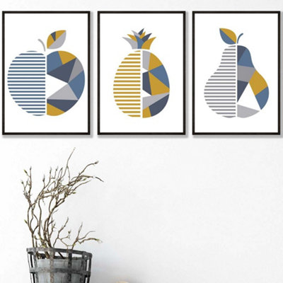 Artze Wall Art Set Of 3 Geometric Fruit Apple Blue Yellow Wall Art Prints / 42X59Cm (A2) / Black Frame from B&Q