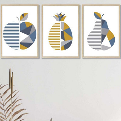 Artze Wall Art Set Of 3 Geometric Fruit Apple Blue Yellow Wall Art Prints / 42X59Cm (A2) / Oak Frame from B&Q