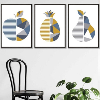 Artze Wall Art Set Of 3 Geometric Fruit Apple Blue Yellow Wall Art Prints / 50X70Cm / Black Frame from B&Q
