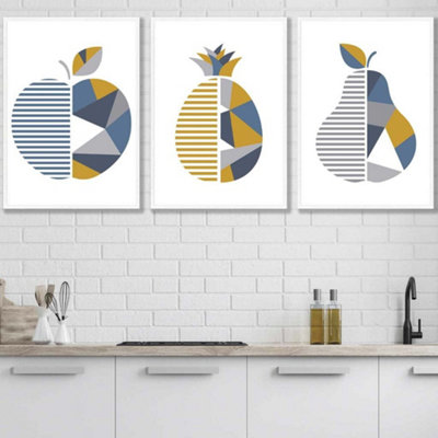 Artze Wall Art Set Of 3 Geometric Fruit Apple Blue Yellow Wall Art Prints / 50X70Cm / White Frame from B&Q