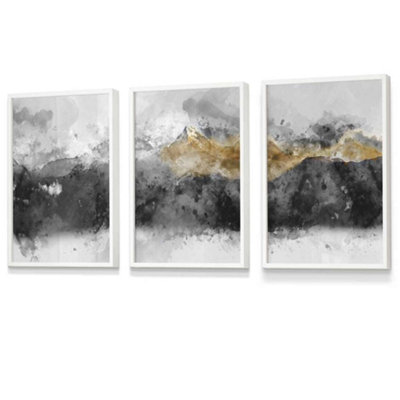 Artze Wall Art Set Of 3 Abstract Grey And Yellow Mountains Wall Art Prints / 30X42Cm (A3) / White Frame from B&Q
