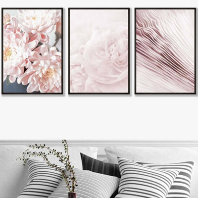 Artze Wall Art Set Of 3 Abstract Pink Macro Floral Wall Art Prints / 50X70Cm / Black Frame from B&Q