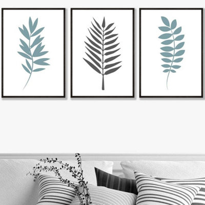 Artze Wall Art Set Of 3 Graphical Blue Grey Leaves Wall Art Prints / 50X70Cm / Black Frame from B&Q