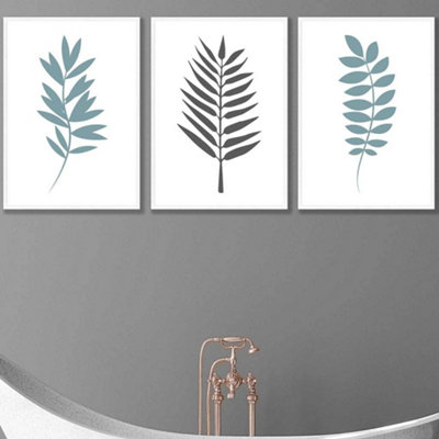 Artze Wall Art Set Of 3 Graphical Blue Grey Leaves Wall Art Prints / 50X70Cm / White Frame from B&Q