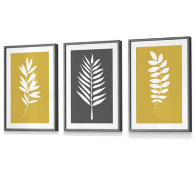 Artze Wall Art Set Of 3 Yellow Grey Graphical Leaves Wall Art Prints / 30X42Cm (A3) / Dark Grey Frame from B&Q