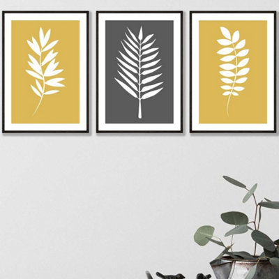 Artze Wall Art Set Of 3 Yellow Grey Graphical Leaves Wall Art Prints / 42X59Cm (A2) / Black Frame from B&Q