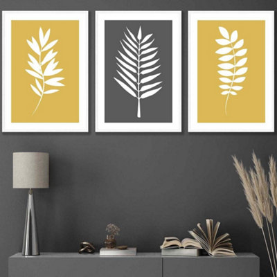 Artze Wall Art Set Of 3 Yellow Grey Graphical Leaves Wall Art Prints / 42X59Cm (A2) / White Frame from B&Q