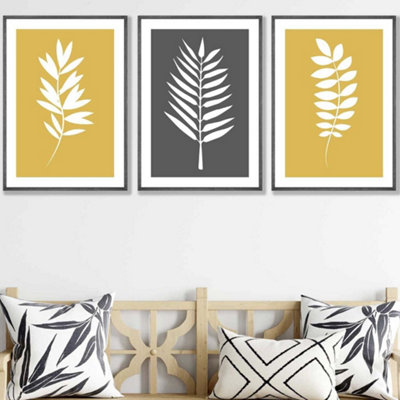 Artze Wall Art Set Of 3 Yellow Grey Graphical Leaves Wall Art Prints / 42X59Cm (A2) / Dark Grey Frame from B&Q