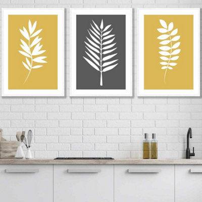 Artze Wall Art Set Of 3 Yellow Grey Graphical Leaves Wall Art Prints / 50X70Cm / White Frame from B&Q