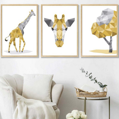 Artze Wall Art Set Of 3 Geometric Yellow Grey Giraffe Set Wall Art Prints / 50X70Cm / Oak Frame from B&Q