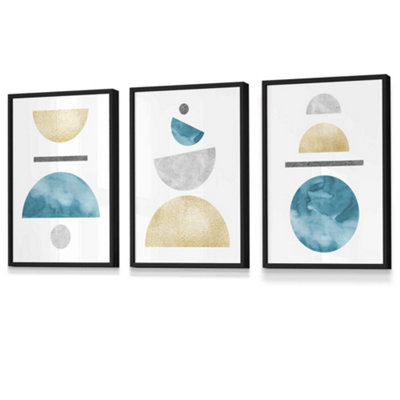 Artze Wall Art Set Of 3 Yellow And Aqua Blue Abstract Mid Century Geometric Wall Art Prints / 30X42Cm (A3) / Black Frame from B&Q