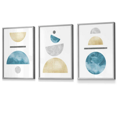Artze Wall Art Set Of 3 Yellow And Aqua Blue Abstract Mid Century Geometric Wall Art Prints / 30X42Cm (A3) / Light Grey Frame from B&Q