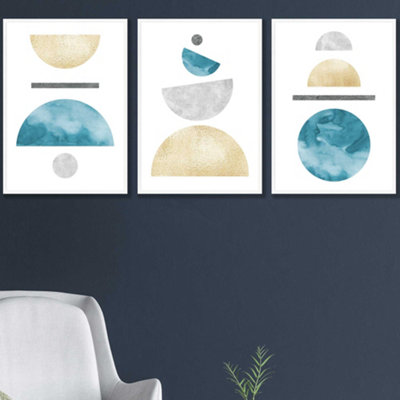 Artze Wall Art Set Of 3 Yellow And Aqua Blue Abstract Mid Century Geometric Wall Art Prints / 42X59Cm (A2) / White Frame from B&Q