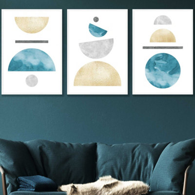 Artze Wall Art Set Of 3 Yellow And Aqua Blue Abstract Mid Century Geometric Wall Art Prints / 50X70Cm / White Frame from B&Q