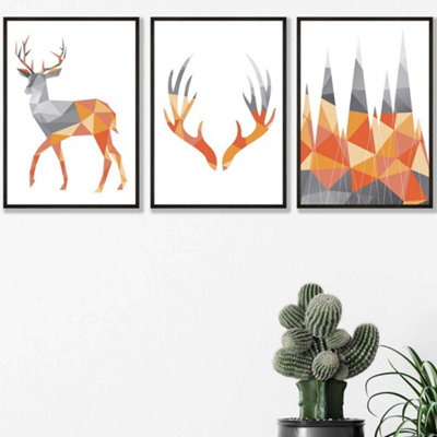 Artze Wall Art Set Of 3 Geometric Orange Grey Stags Set Wall Art Prints / 42X59Cm (A2) / Black Frame from B&Q