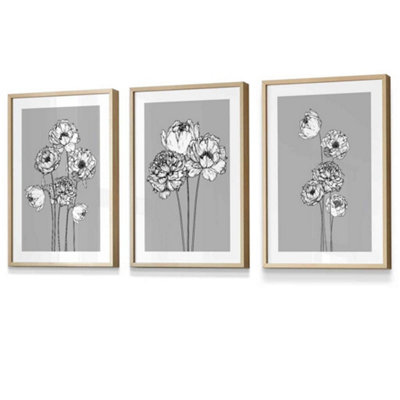 Artze Wall Art Set Of 3 Sketch Art Peonies On Grey Wall Art Prints / 30X42Cm (A3) / Oak Frame from B&Q