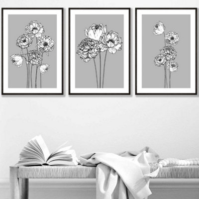 Artze Wall Art Set Of 3 Sketch Art Peonies On Grey Wall Art Prints / 42X59Cm (A2) / Black Frame from B&Q