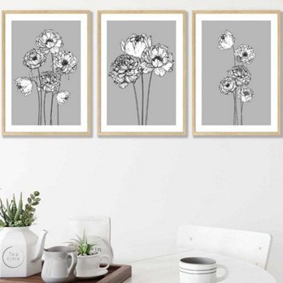 Artze Wall Art Set Of 3 Sketch Art Peonies On Grey Wall Art Prints / 42X59Cm (A2) / Oak Frame from B&Q