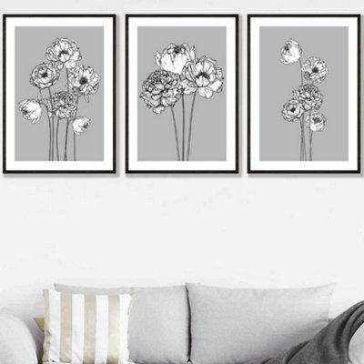 Artze Wall Art Set Of 3 Sketch Art Peonies On Grey Wall Art Prints / 50X70Cm / Black Frame from B&Q