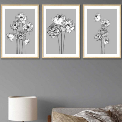 Artze Wall Art Set Of 3 Sketch Art Peonies On Grey Wall Art Prints / 50X70Cm / Oak Frame from B&Q
