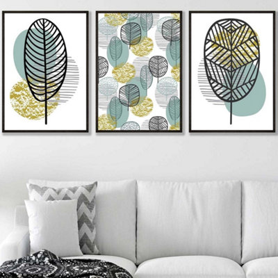 Artze Wall Art Set Of 3 Mid Century Floral Pattern In Yellow And Blue Wall Art Prints / 50X70Cm / Black Frame from B&Q