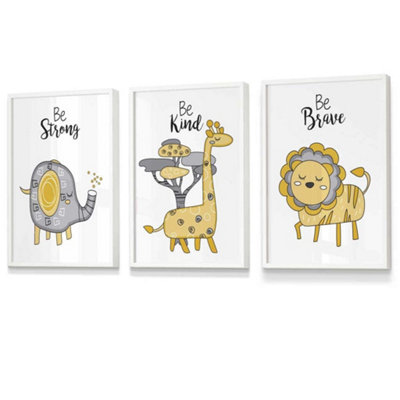 Artze Wall Art Set Of 3 Scandi Nursery Elephant Animals Quote Yellow Grey Wall Art Prints / 30X42Cm (A3) / White Frame from B&Q
