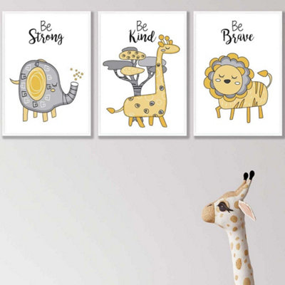 Artze Wall Art Set Of 3 Scandi Nursery Elephant Animals Quote Yellow Grey Wall Art Prints / 42X59Cm (A2) / White Frame from B&Q