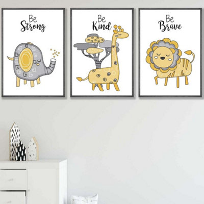 Artze Wall Art Set Of 3 Scandi Nursery Elephant Animals Quote Yellow Grey Wall Art Prints / 42X59Cm (A2) / Dark Grey Frame from B&Q