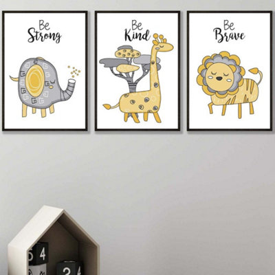 Artze Wall Art Set Of 3 Scandi Nursery Elephant Animals Quote Yellow Grey Wall Art Prints / 50X70Cm / Black Frame from B&Q