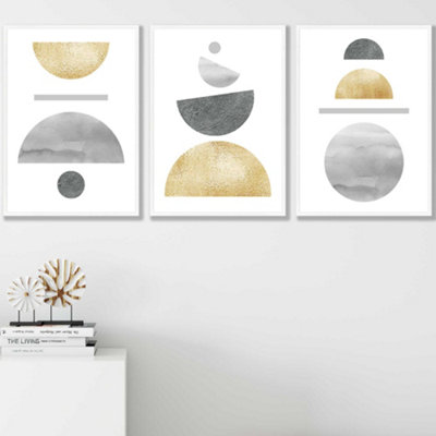 Artze Wall Art Set Of 3 Golden Yellow And Grey Abstract Mid Century Geometric Wall Art Prints / 42X59Cm (A2) / White Frame from B&Q