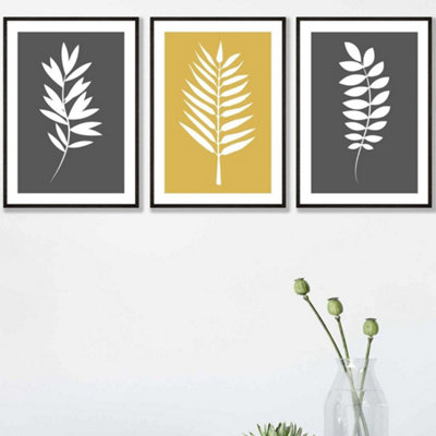 Artze Wall Art Set Of 3 Grey Yellow Graphical Leaves Wall Art Prints / 42X59Cm (A2) / Black Frame from B&Q