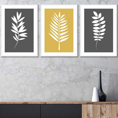 Artze Wall Art Set Of 3 Grey Yellow Graphical Leaves Wall Art Prints / 42X59Cm (A2) / White Frame from B&Q